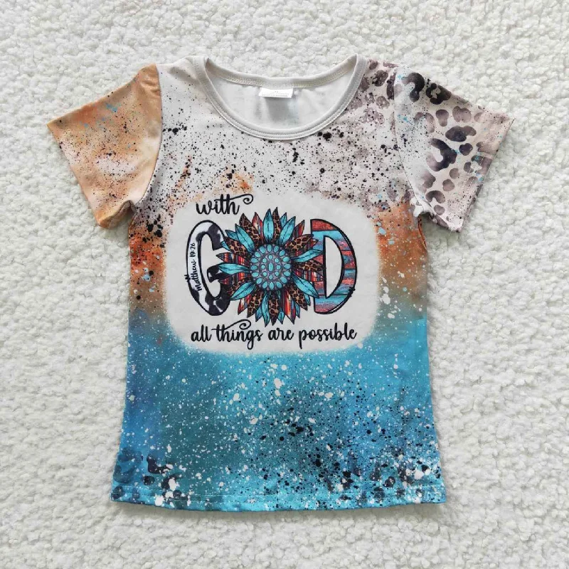 GT0195 Sunflower Blue With God Possible Leopard Girls Short Sleeve Top T-shirts Lumberjack