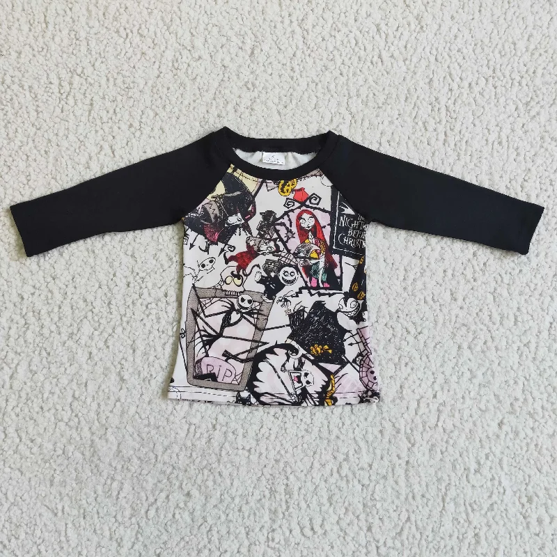 6 A30-21-1 Halloween Black Ghost Cartoon Boys Long Sleeve Top T-shirts Refined Men's Velvet