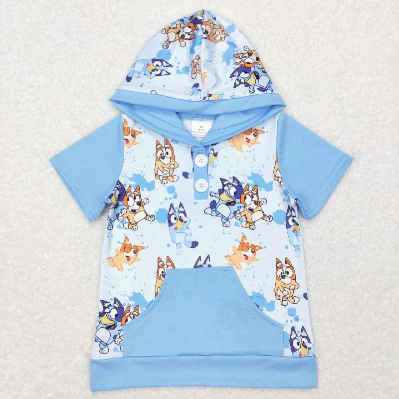 BT0452  blue Dog cartoon Girls Short Sleeve Hoodies Top Streetwear Style