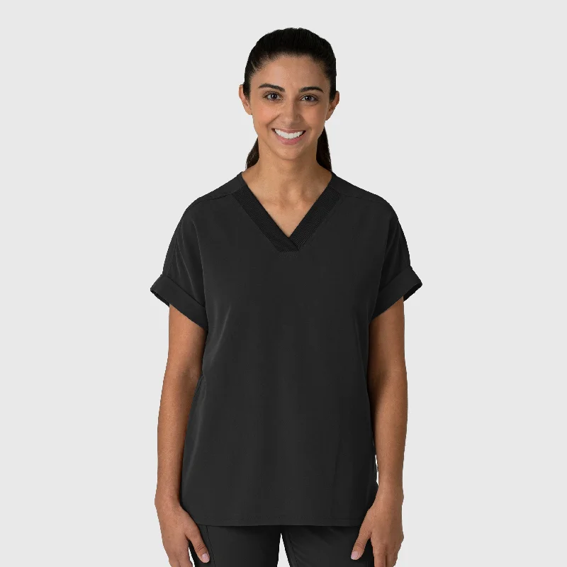 Nova Women's Drop Shoulder Boxy Scrub Top - Black Cozy Men's Sherpa