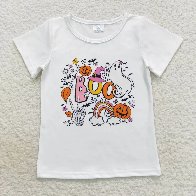 GT0291  Halloween Pumpkin Orange Boo Girls Short Sleeve Top T-shirts Monochromatic Office Style