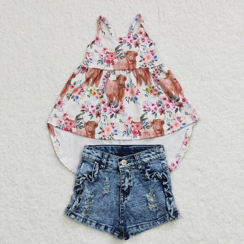 GSSO0261 2Pcs GSD0265  Highland Cow Western Top+ Denim  Girls Short Sleeve Shorts Outfits Bohemian Men's Free