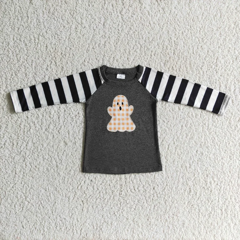 BT0063 Halloween Ghost Cartoon Black Stripes Orange Embroidery Boys Long Sleeve Top T-shirts Sporty Men's Athleisure 