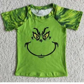 D3-5 Christmas Green Raglan Cartoon Short Sleeve Top Boys T-shirts British Gentleman Style