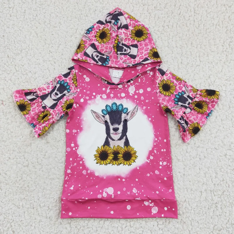 GT0096 Pink Highland Cow Floral Sunflower Girls Short Sleeve Hoodies Top Adventure