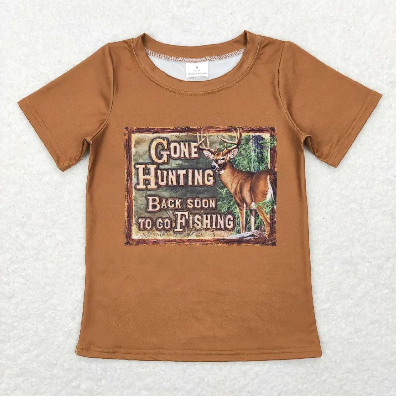 BT0424  Brown Hunting Deer  Boys Short Sleeve Top T-shirts Cool Men's Distressed