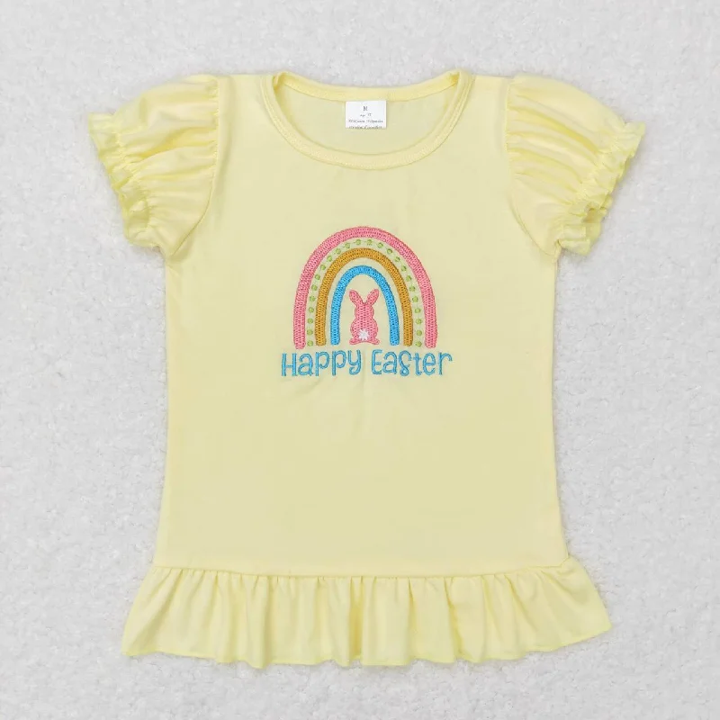 GT0392 Happy Easter Yellow rainbow Embroidery Girls Short Sleeve Top T-shirts Beach