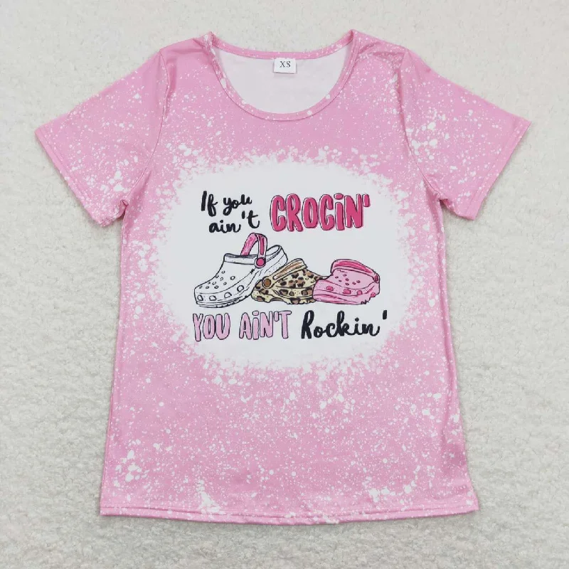 GT0444   Adult Pink Crocin rockin  Girls Short Sleeve Top T-shirts Sophisticated Men's French