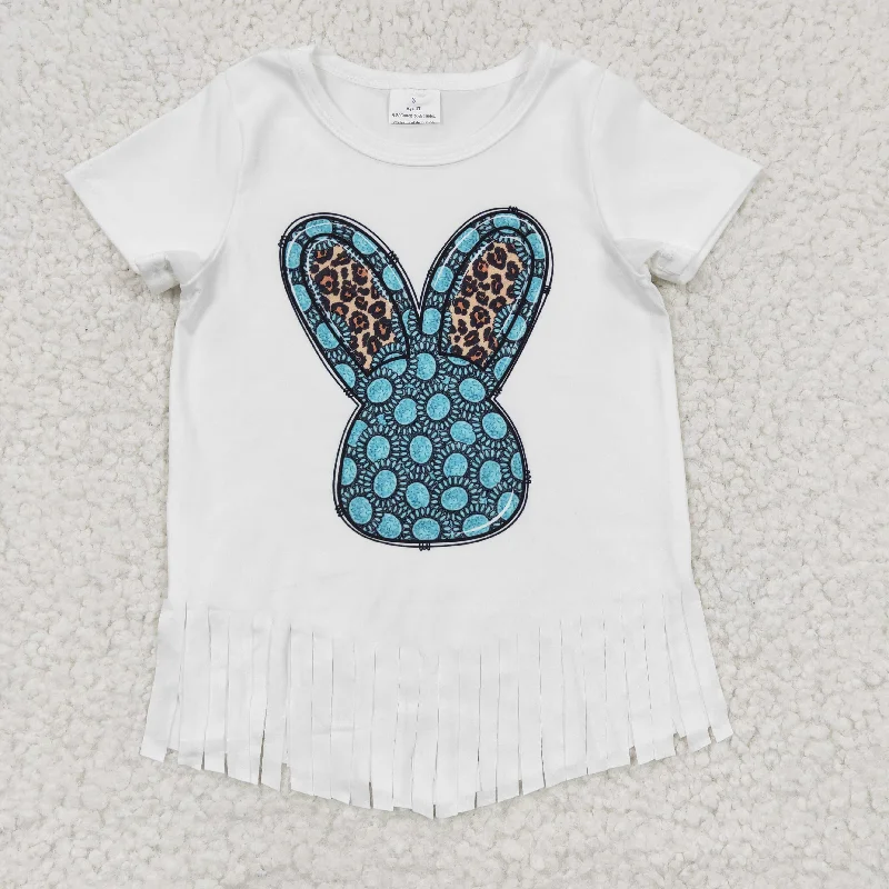 GT0136 Easter Rabbit Blue Tassel Girls Short Sleeve Top T-shirts Bold Men's Statement