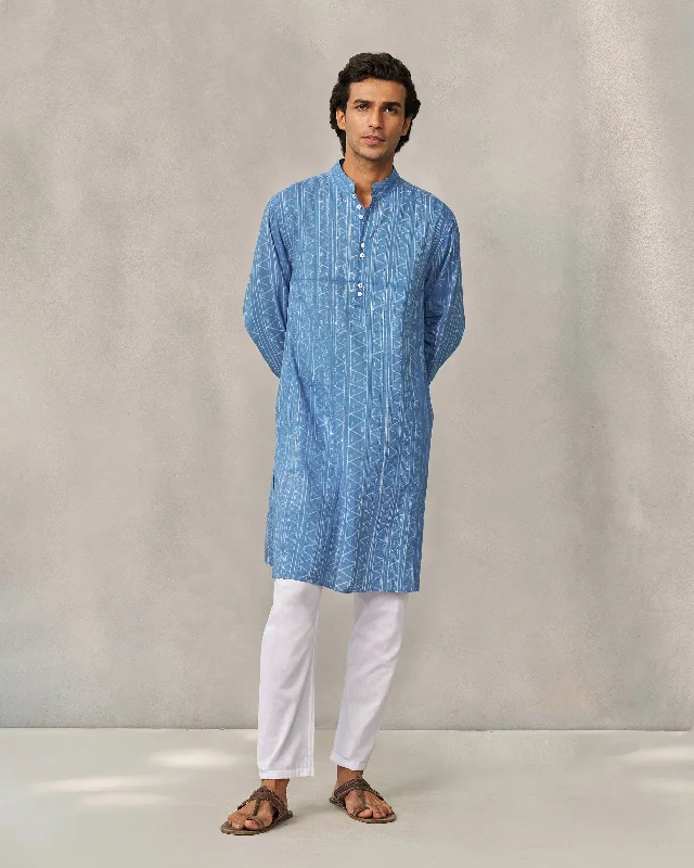 Long Pleated Kurta - Blue Traditional Men's Wool