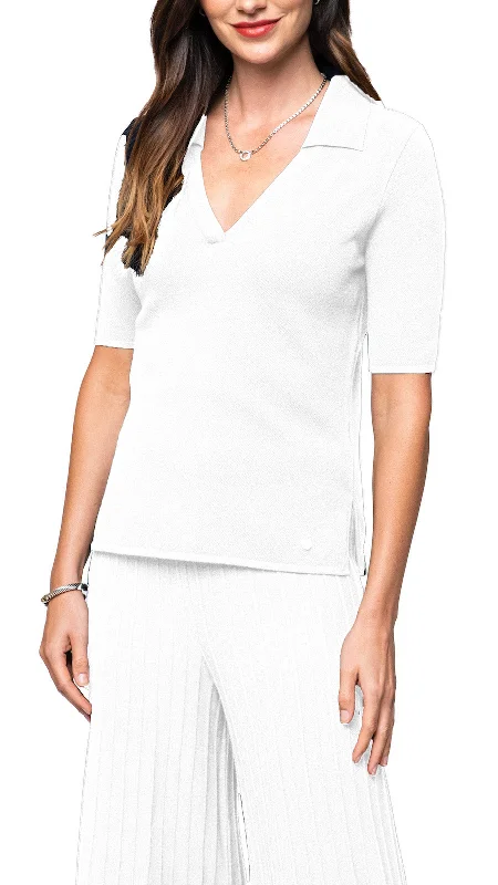 Kyla Piquet-Knit Short Sleeved Polo Top, White Monochromatic All