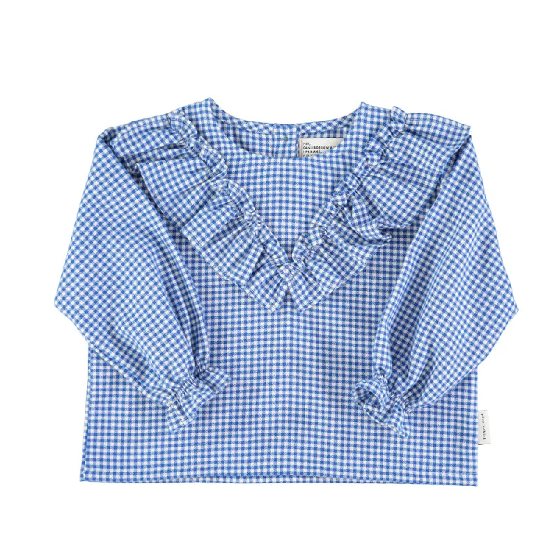 Piupiuchick Blouse w/ v-neck ruffles on chest | Blue little checkered Cclassic Men's Tweed