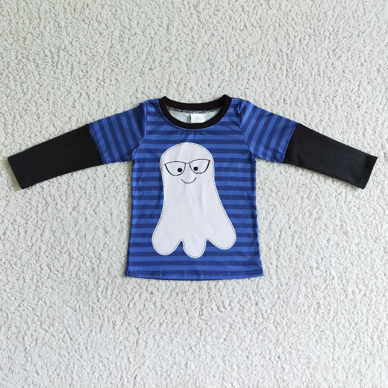 BT0053 Halloween Blue Stripes Ghost Cartoon Cartoon Boys Long Sleeve Top T-shirts Athletic Men's Compression