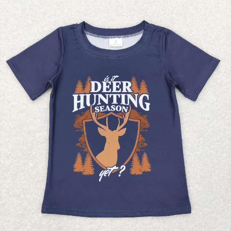 BT0439  Blue Christmas Deer Hunting  Boys Short Sleeve Top T-shirts Youthful Men's Pop