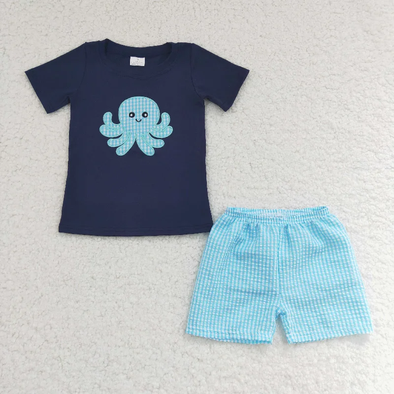 BSSO0088 Blue Plaid Octopus Sea Embroidery Boys Short Sleeve Shorts Outfits Refined Men's European