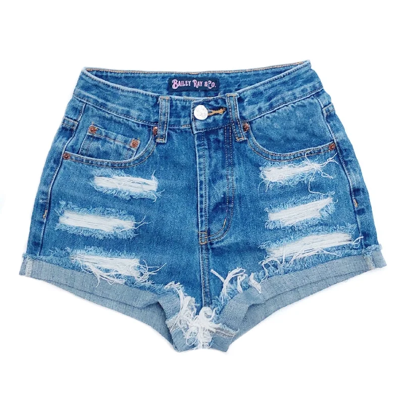 Distressed High Waisted Denim Shorts  - The Mackenzie Monochromatic All