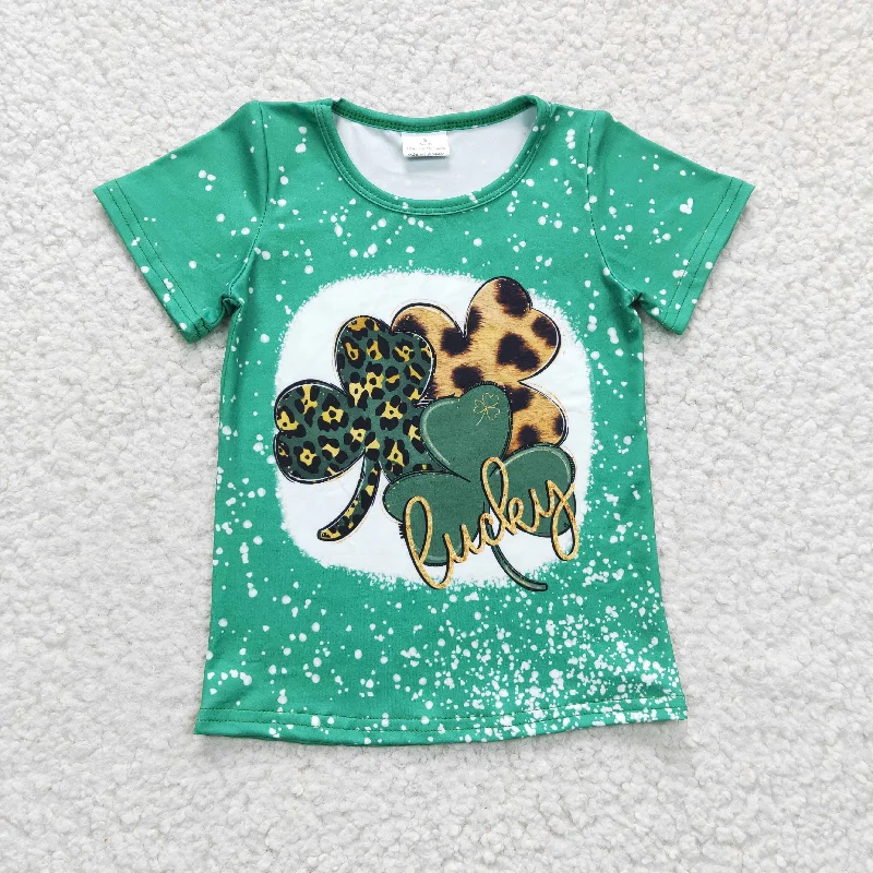 GT0109 St. Patrick Green Clover Lucky Leopard Girls Short Sleeve Top T-shirts Vintage Men's 1970S Disco