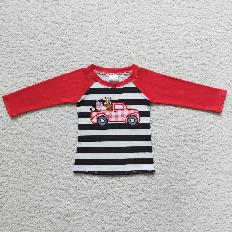 BT0023 Farm Life Cow Car Red Black Stripes Embroidery Boys Long Sleeve Top T-shirts Masculine Men's 